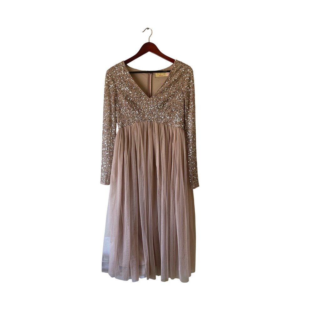 Y2k Maya Maternity Sequin Tulle Long Sleeve Midi Dress Taupe US 4‎